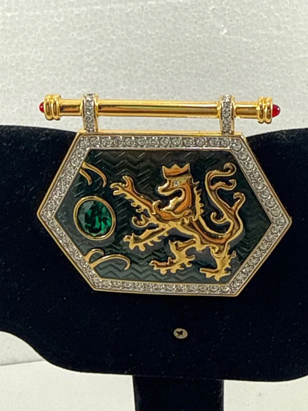 Vintage Swarovski Heraldic Lion Shield Brooch, 1990s, Swan Signed, Green Enamel